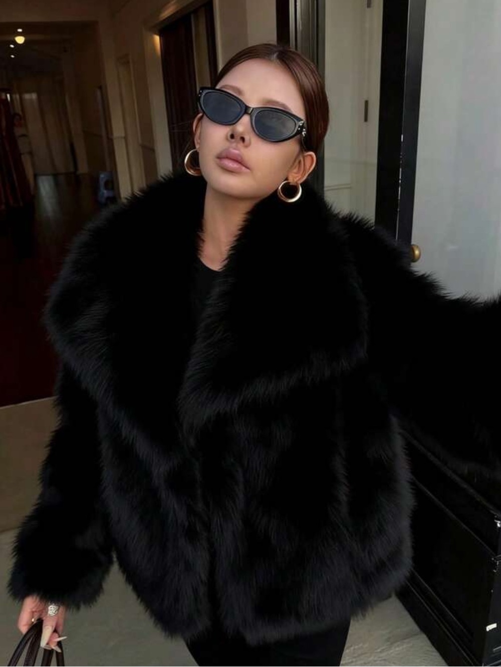 New Thick Faux Fur Collar Faux Fur Lined Mid-Length Fashion